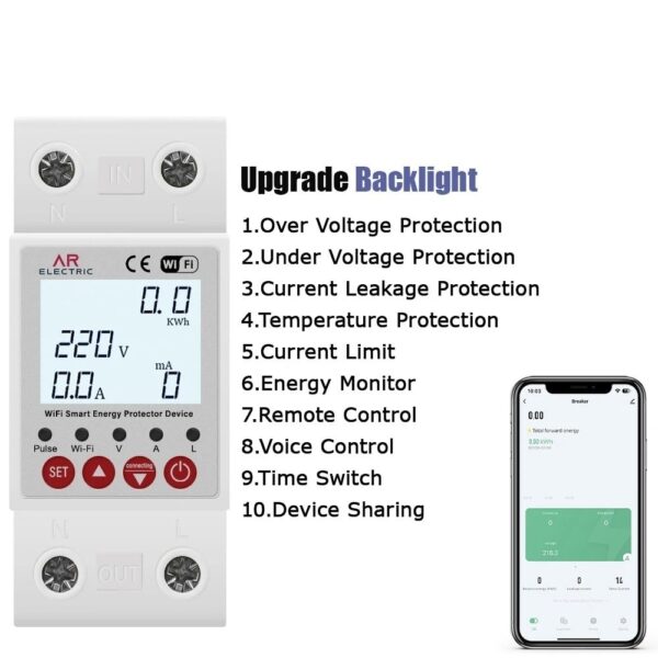 63A 230V TUYA Wi-Fi Smart Circuit Breaker with Over-Under Voltage Protection and Energy Monitoring - Image 3