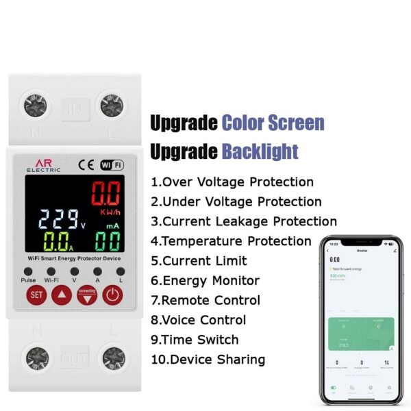 63A 230V Wi-Fi Smart Circuit Earth Leakage Over/Under Voltage Protector Relay Switch with Energy kWh Meter - Image 3