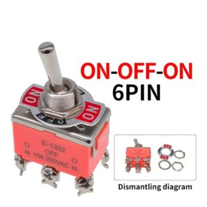 Toggle Switch DPDT – ON-OFF-ON, 250V 15A, 6-Pin