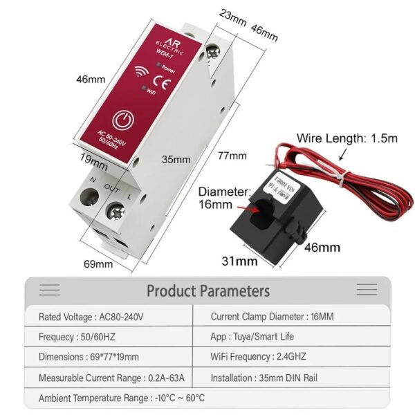 Tuya Smart Energy Meter with Clamp 63A - Image 2